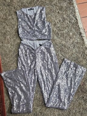 Forever 21 Silver Sequin Crop Top & High-Waist Pants Set